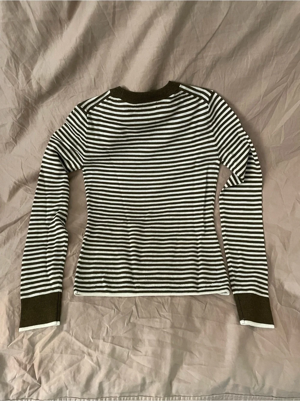 J. Crew Olive and White Striped Ribbed Merino Wool lightweight sweater.